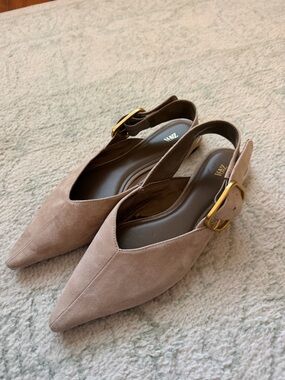Zara Taupe Suede Pointed Slingback Mules with Gold Buckle